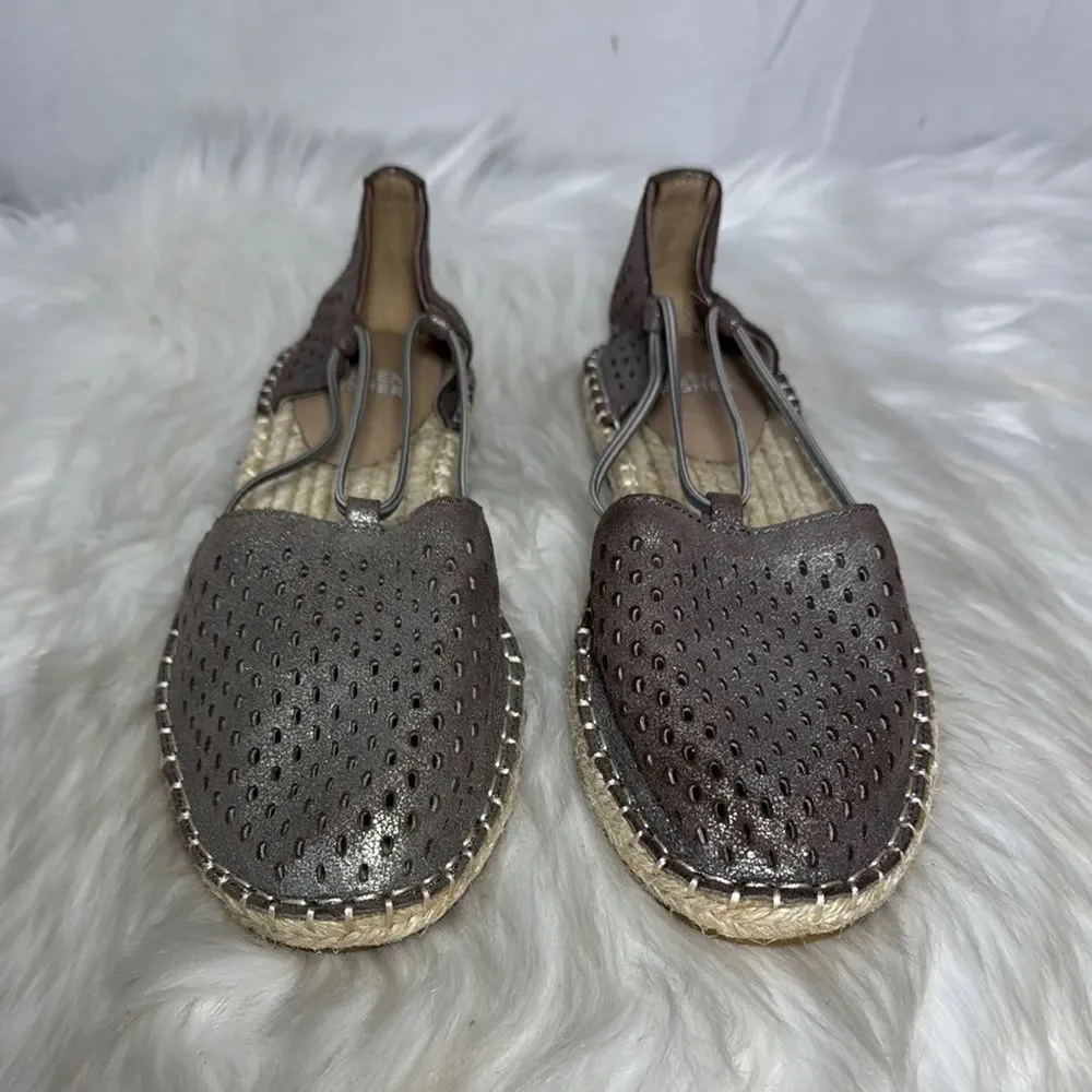 Eileen Fisher Bronze Perforated Leather‎ Espadrille Shoes with Woven Design Sz 6